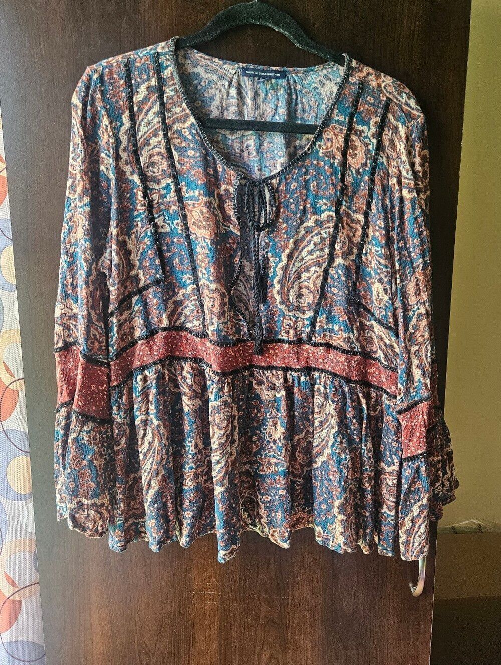 American Eagle Outfitters Teal and Rust Paisley Peasant Tunic With Cutout Front